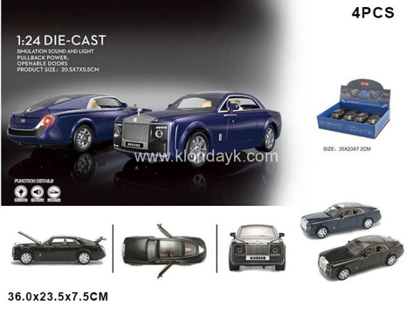 929Е/2 Машина металлическая Rolls Royce 1:24. Свет фар, звук работающего мотора, двери, багажник, капот открываются, пулл бэк. Размер машины: 20.5х7х5.5 см. 4шт/дисплей (ОТГРУЖАЕТСЯ КРАТНО ДИСПЛЕЯ) цена за 1шт